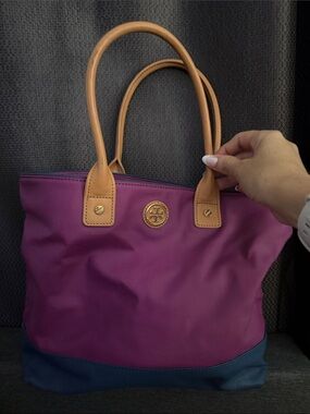 Tory Burch Magenta Nylon Tote with Tan Leather Handles and Navy Base